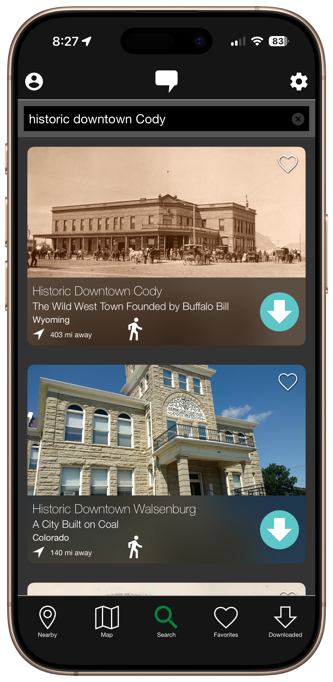 Screenshot of the app showing nearby tours list